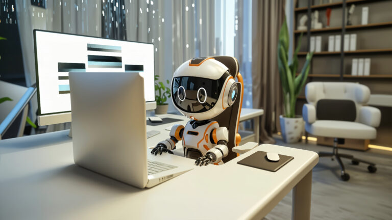 A robot using a laptop in a modern office, representing AI-driven marketing tools.